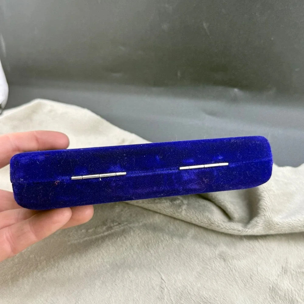 Vintage Jewelry Display Box Blue Velvet Hinged Satin Lining Storage Case